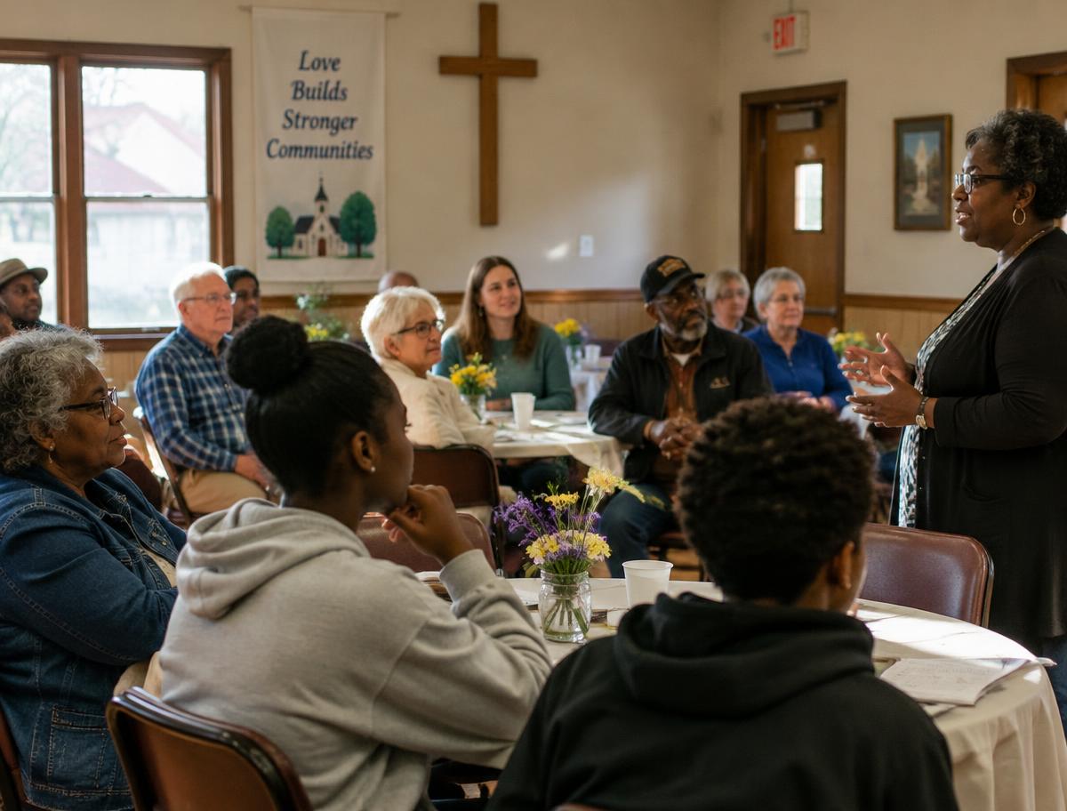 Neighbors listening at a community conversation in a church fellowship hall