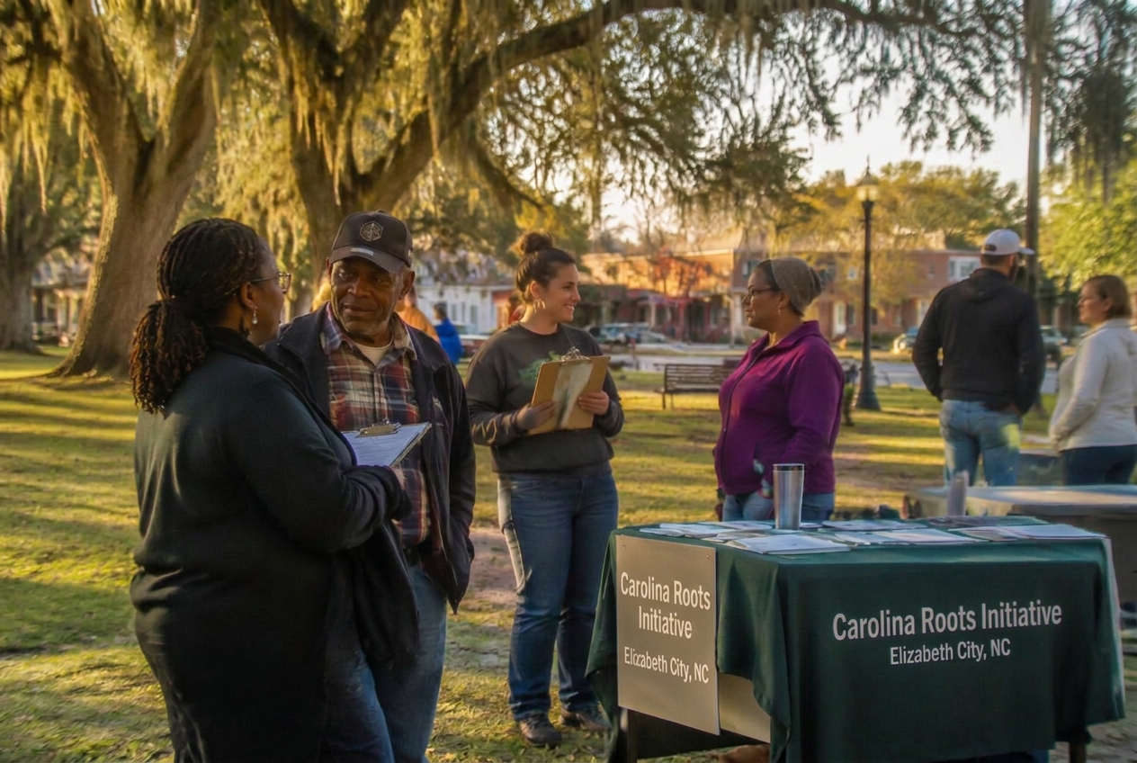 Carolina Roots Initiative volunteers talking with neighbors at an outdoor table in Elizabeth City
